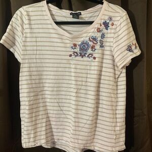 1 white and cream shirt and 1 blue shirt both mediums and 1 grey shirt